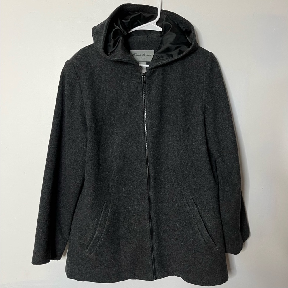 Eddie Bauer Womens Wool Zip Up Coat With Hood MEDIUM Gray Warm
